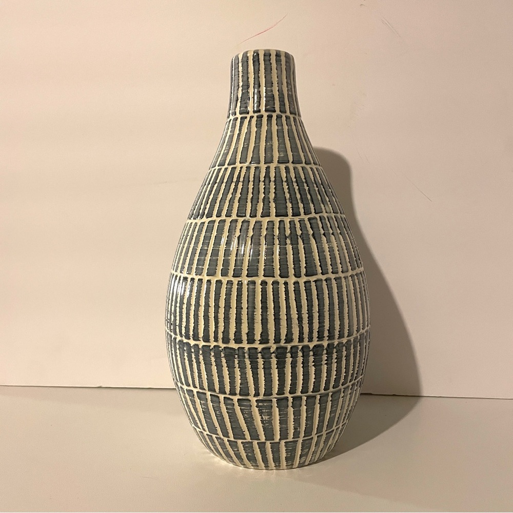 Destinis S.A. Grisaille Blue Striped Ceramic Vase.  Made in Portugal.